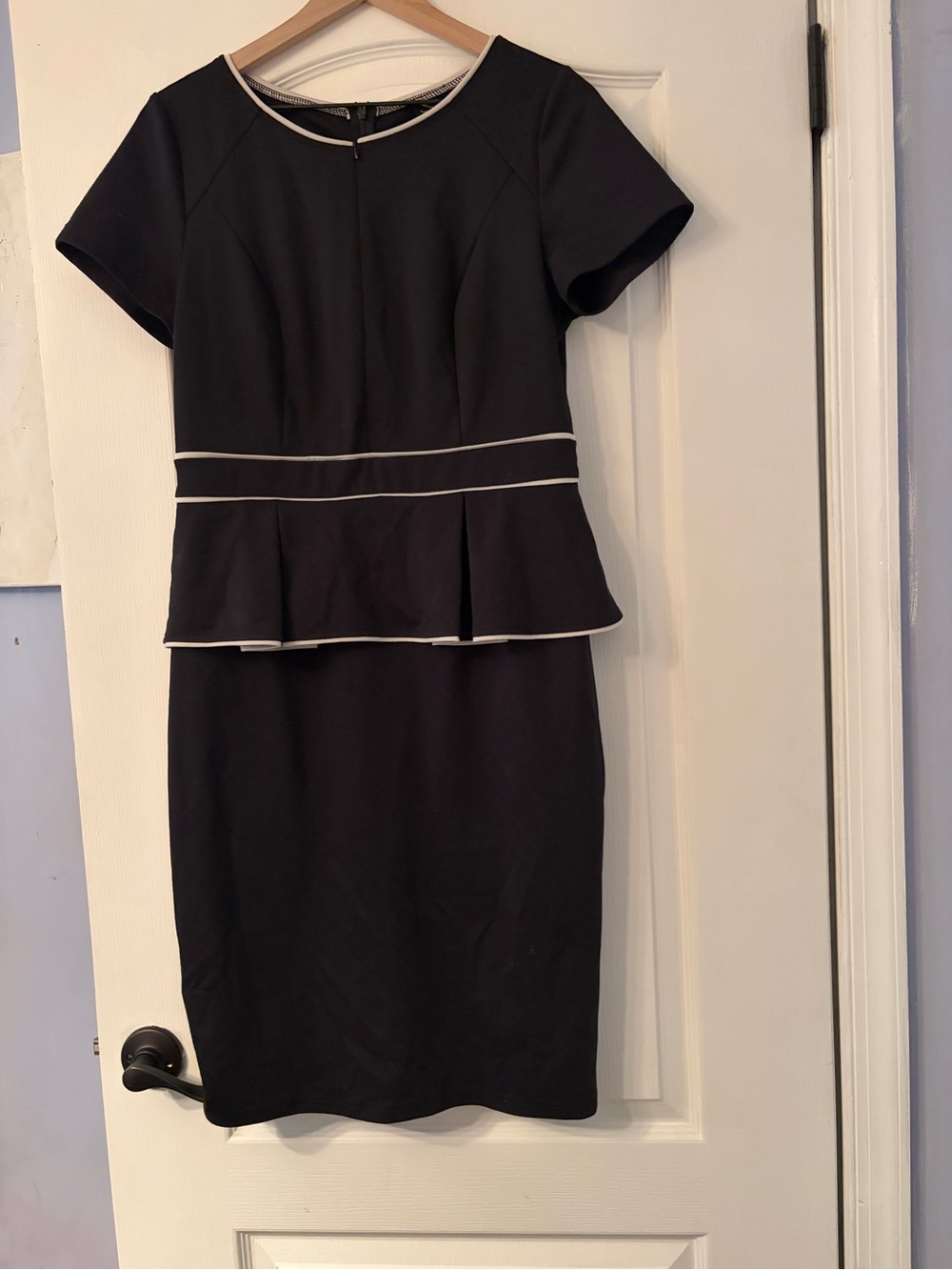 Black Midi Peplum Dress with White Trim